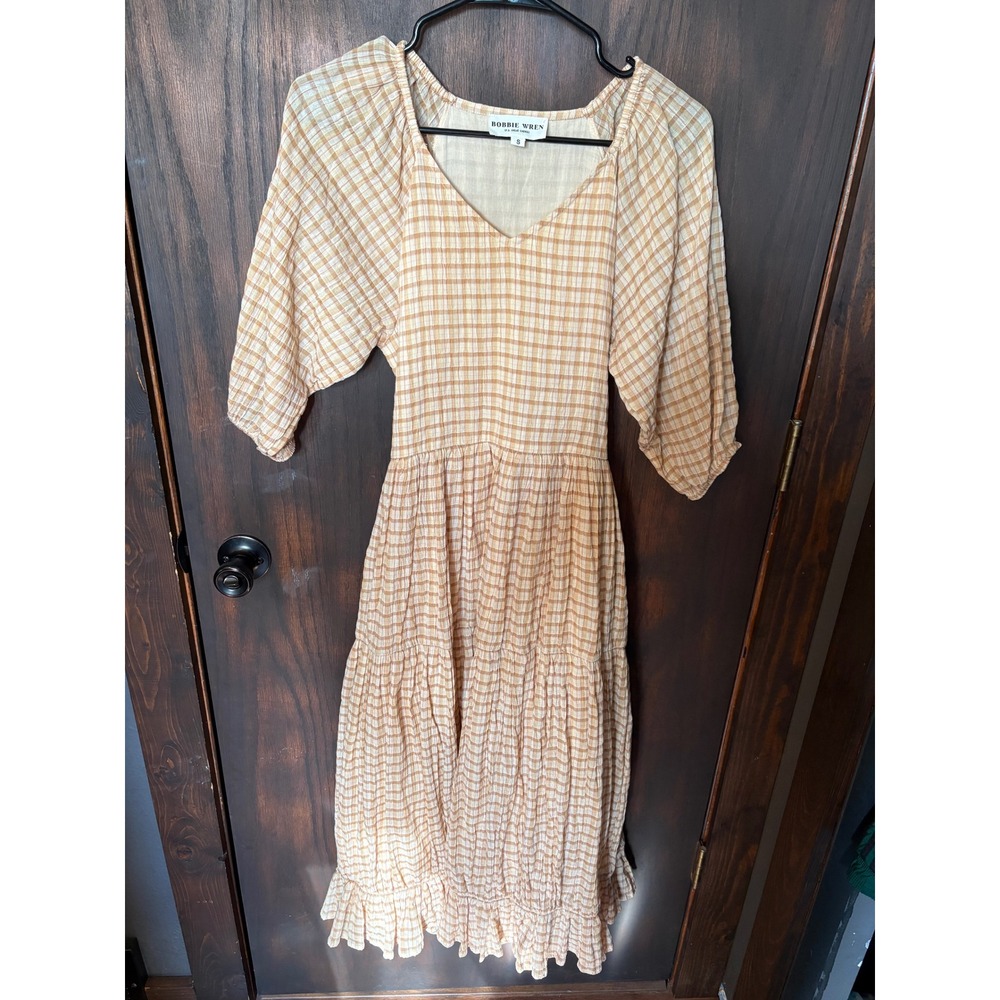 Bobbie Wren Tan Gingham Cotton Midi Dress V-Neck Balloon Sleeve Tiered Small